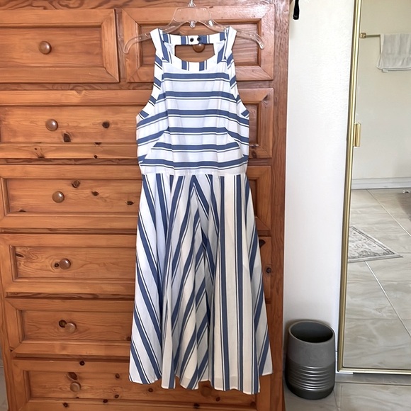 eliza j blue and white striped dress Eliza J Shift Dress Size 4 Blue White Striped Linen Blend Eyelet Trim Cruise